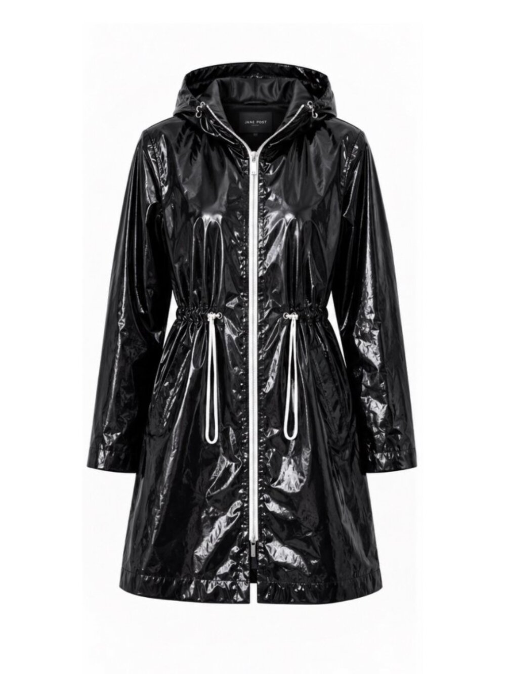 Jane Post Black Glossy Full Zip Slicker Raincoat